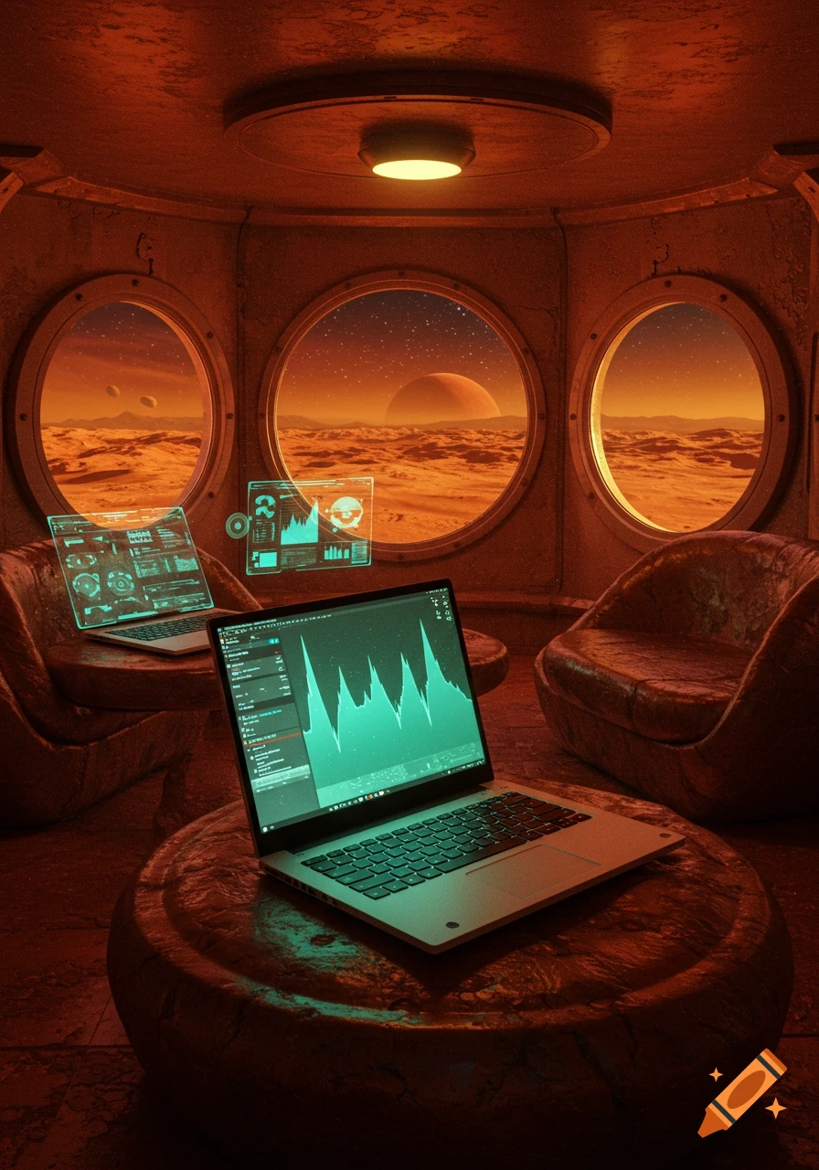 A futuristic room on Mars with laptops and holographic displays, circular windows overlook a red desert landscape and planets.