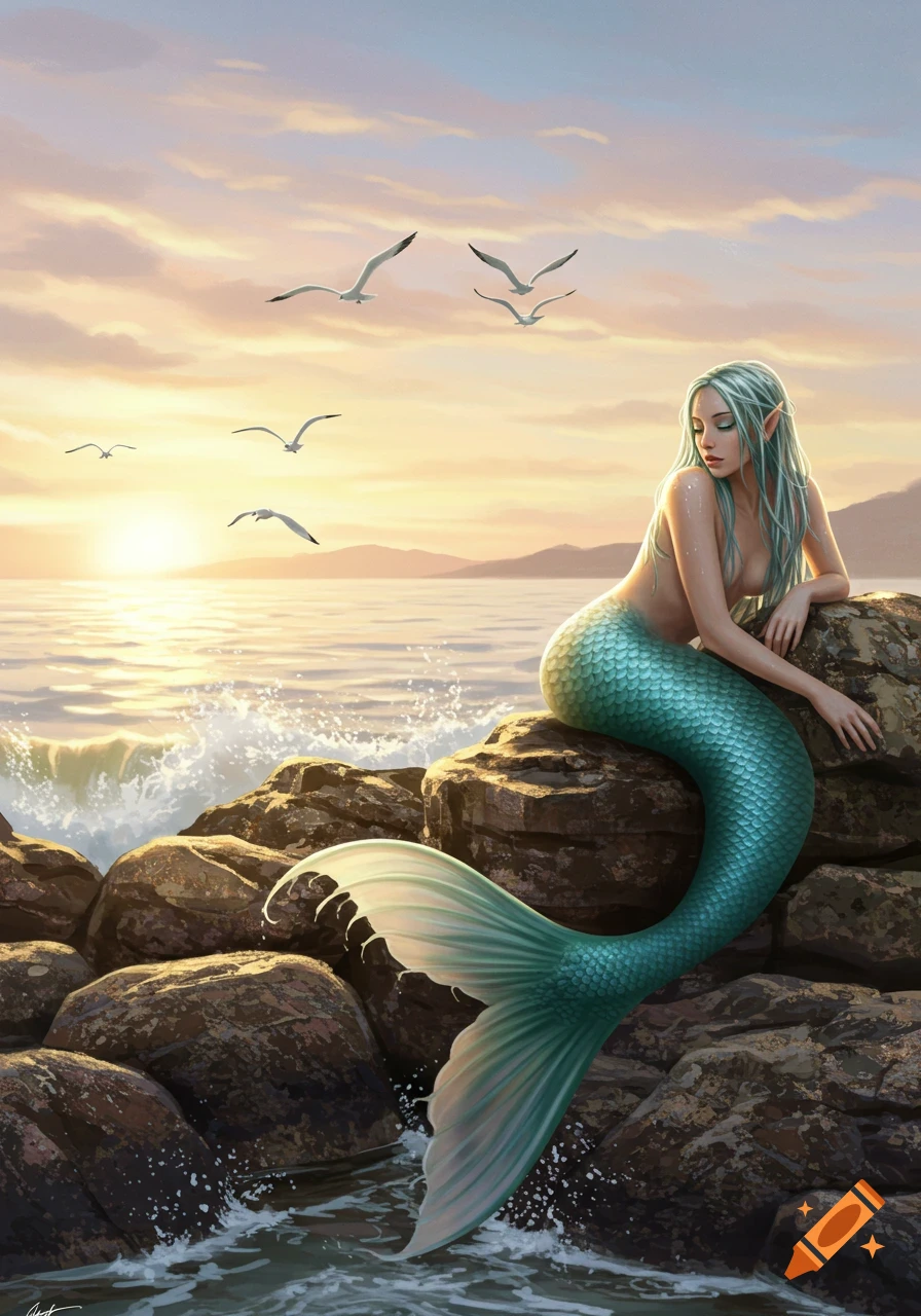 A fantasy illustration of a mermaid with teal hair and tail sitting on rocks at sunset, with seagulls flying over the ocean.