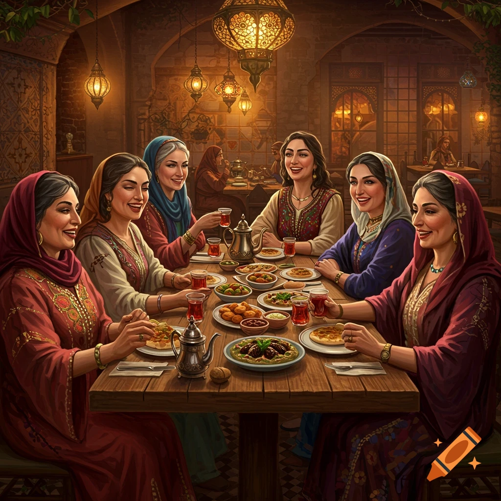 Six smiling women in traditional attire share lunch and tea in a beautifully lit Middle Eastern restaurant.