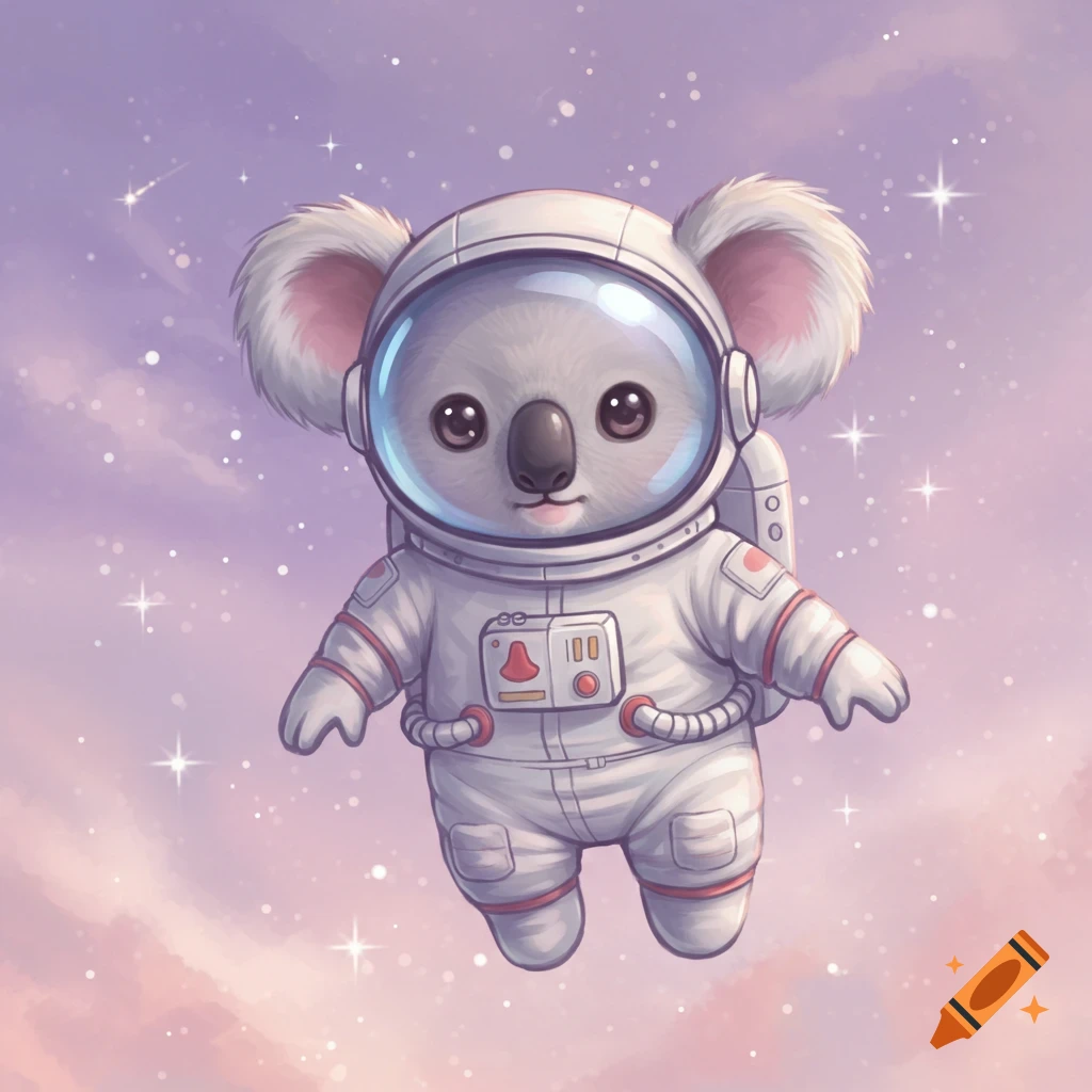 A cute cartoon koala astronaut floats among stars in a purple and pink nebula.