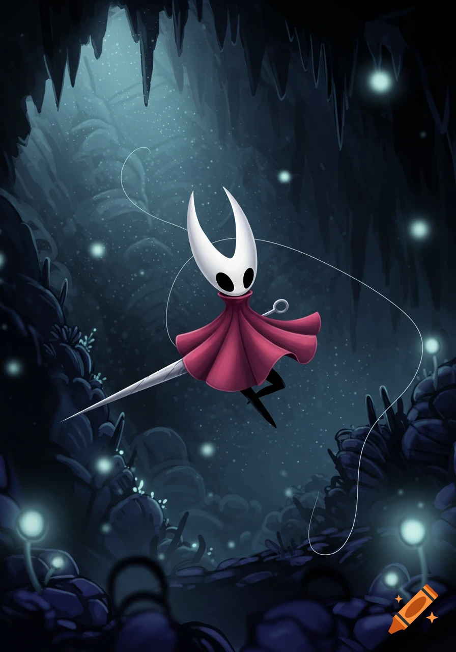 A stylized illustration of Hornet, a white bug-like character in a red cloak, floating with a needle-like weapon in a dark, glowing cave.