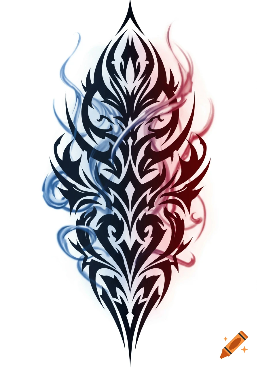 A stylized black tribal tattoo design with swirling red and blue smoke effects on a white background.