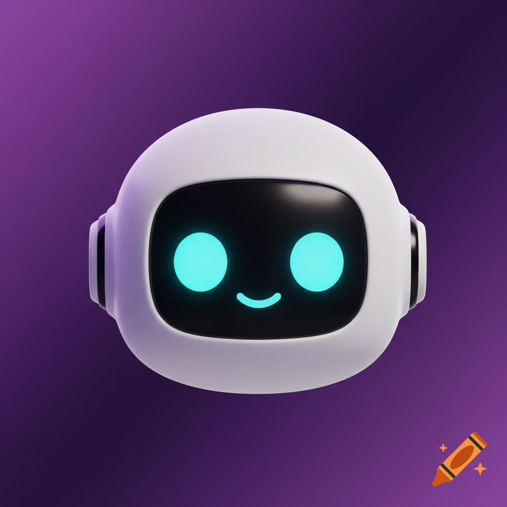 A cute, minimalist 3D rendered white robot head with glowing cyan eyes and a friendly smile on a purple gradient background.