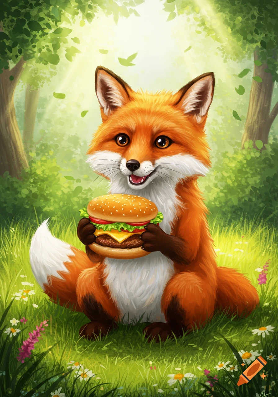 A cute cartoon fox sits in a sunny forest clearing, happily holding a large hamburger.