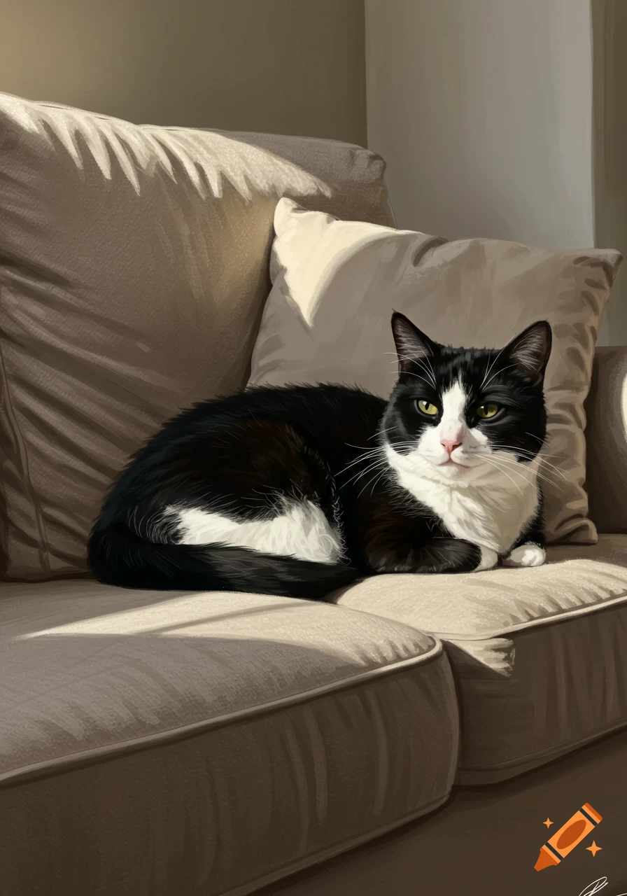 A black and white cat with green eyes lies curled up on a light brown sofa, bathed in sunlight.