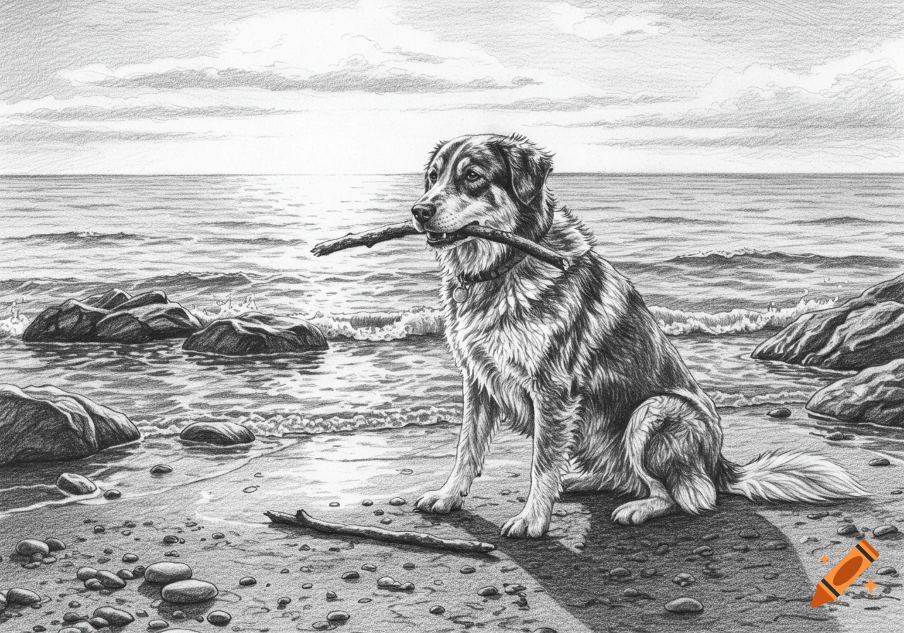 A black and white pencil drawing of a dog holding a stick in its mouth, sitting on a rocky beach by the ocean.