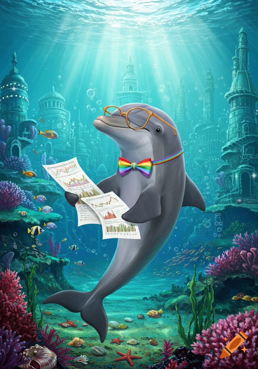 An anthropomorphic dolphin wearing glasses and a rainbow bow tie holds financial charts underwater, surrounded by an ancient city and marine life.
