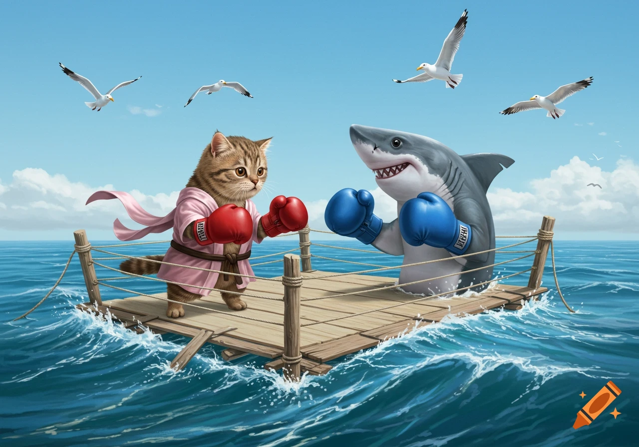 A cartoon cat in a pink robe and red boxing gloves faces a cartoon shark in blue boxing gloves on a wooden raft in the ocean, with seagulls flying overhead.