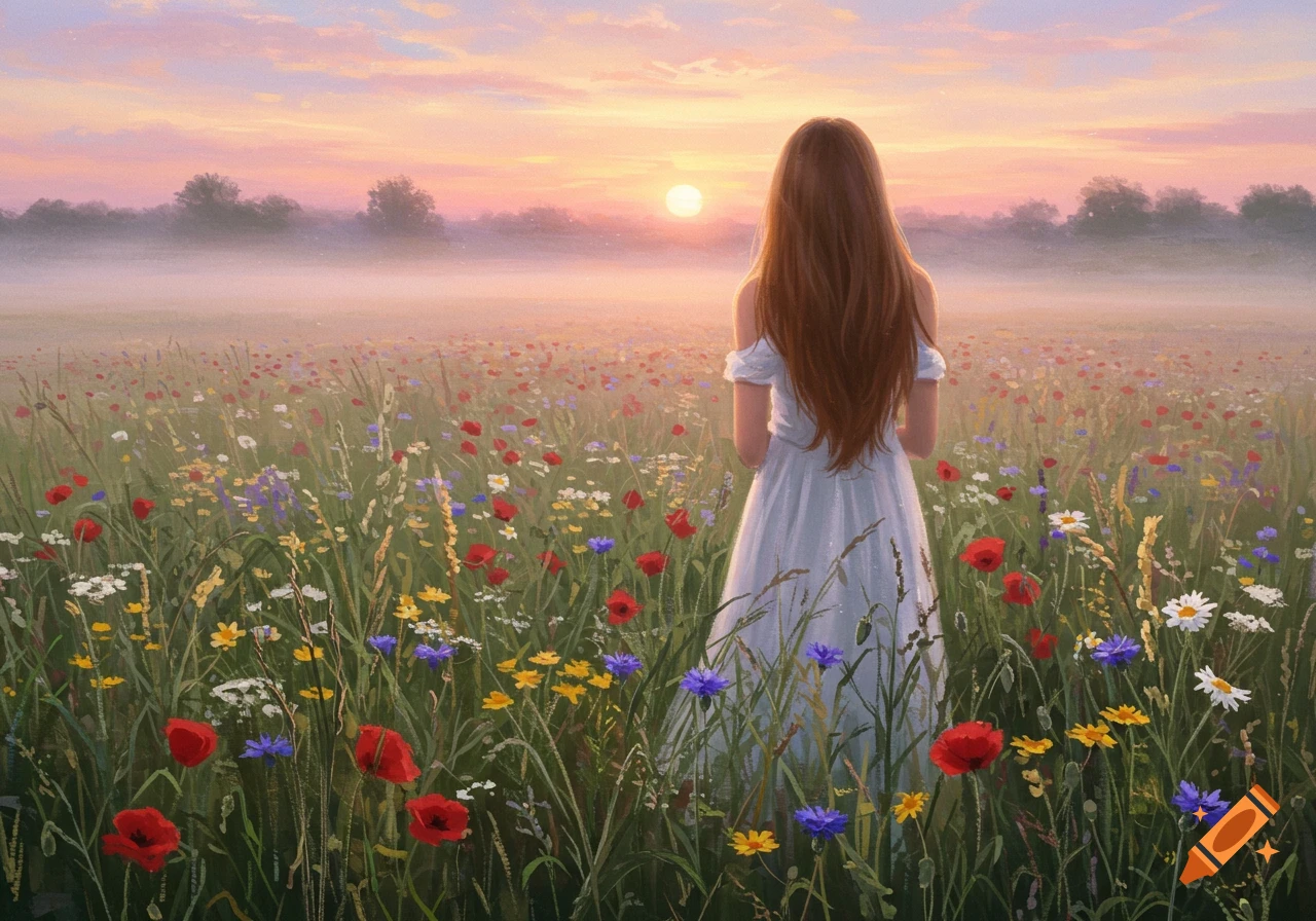 A young woman in a white dress with long brown hair stands in a misty field of colorful wildflowers, facing a sunrise in a painterly style.