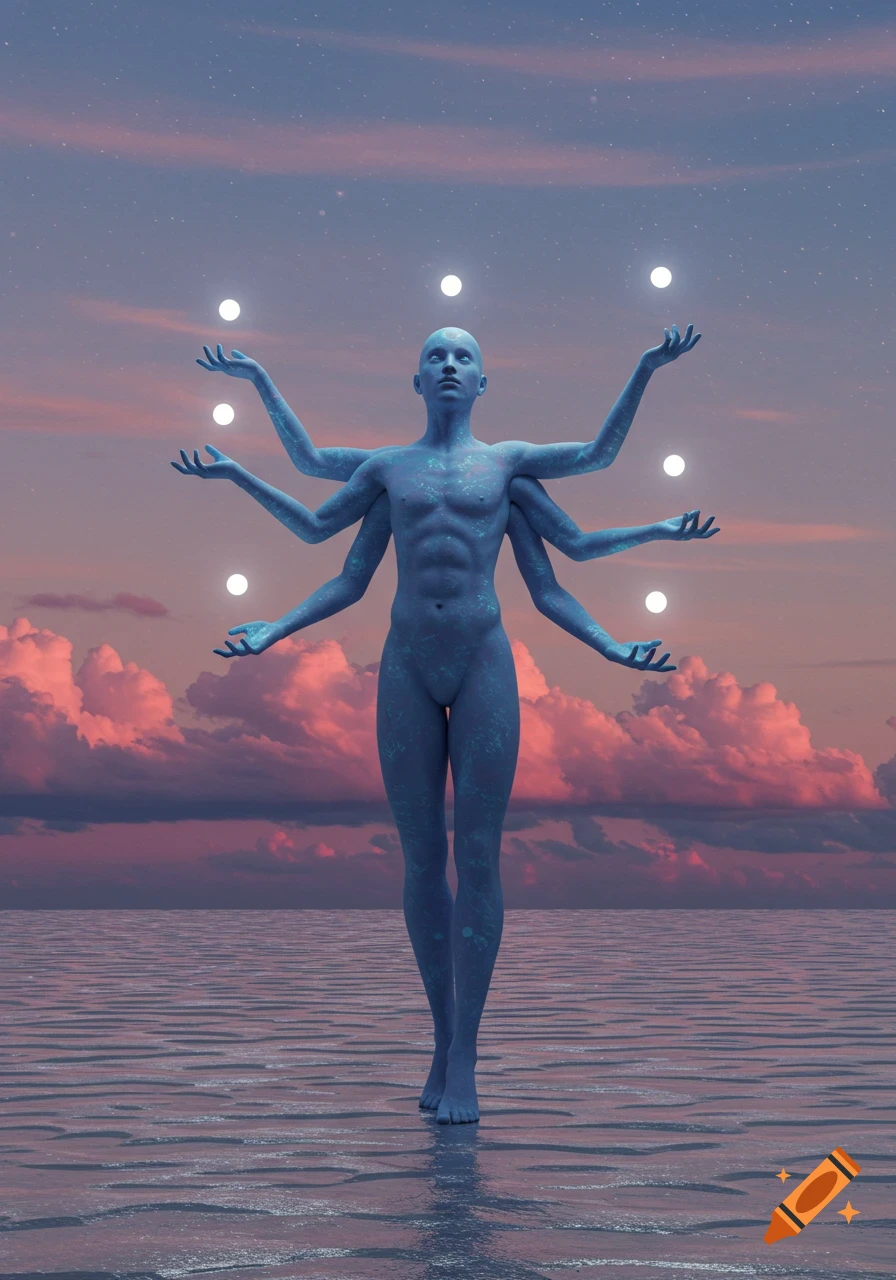 A serene blue, multi-armed humanoid figure stands in shallow water under a pastel pink and blue sky with luminous orbs floating around its hands.