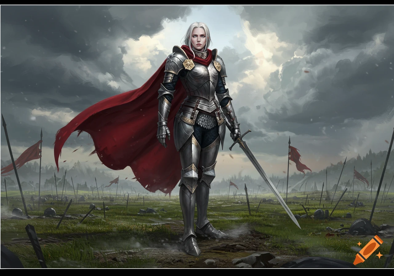 A female knight in full silver armor with a flowing red cape stands on a muddy battlefield, holding a sword under a stormy sky, surrounded by fallen spears and flags.