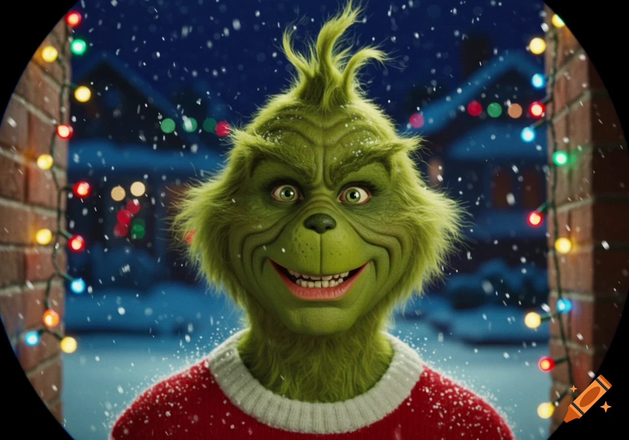 The Grinch in a red sweater smiles, peeking through a doorbell lens in a snowy, festive scene with Christmas lights.
