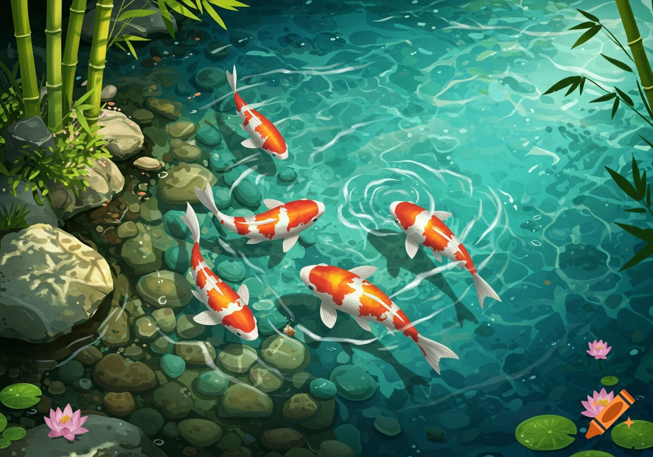 An overhead view of five orange and white koi fish swimming in a clear pond with rocks, bamboo, and pink lotus flowers, in a stylized illustration.