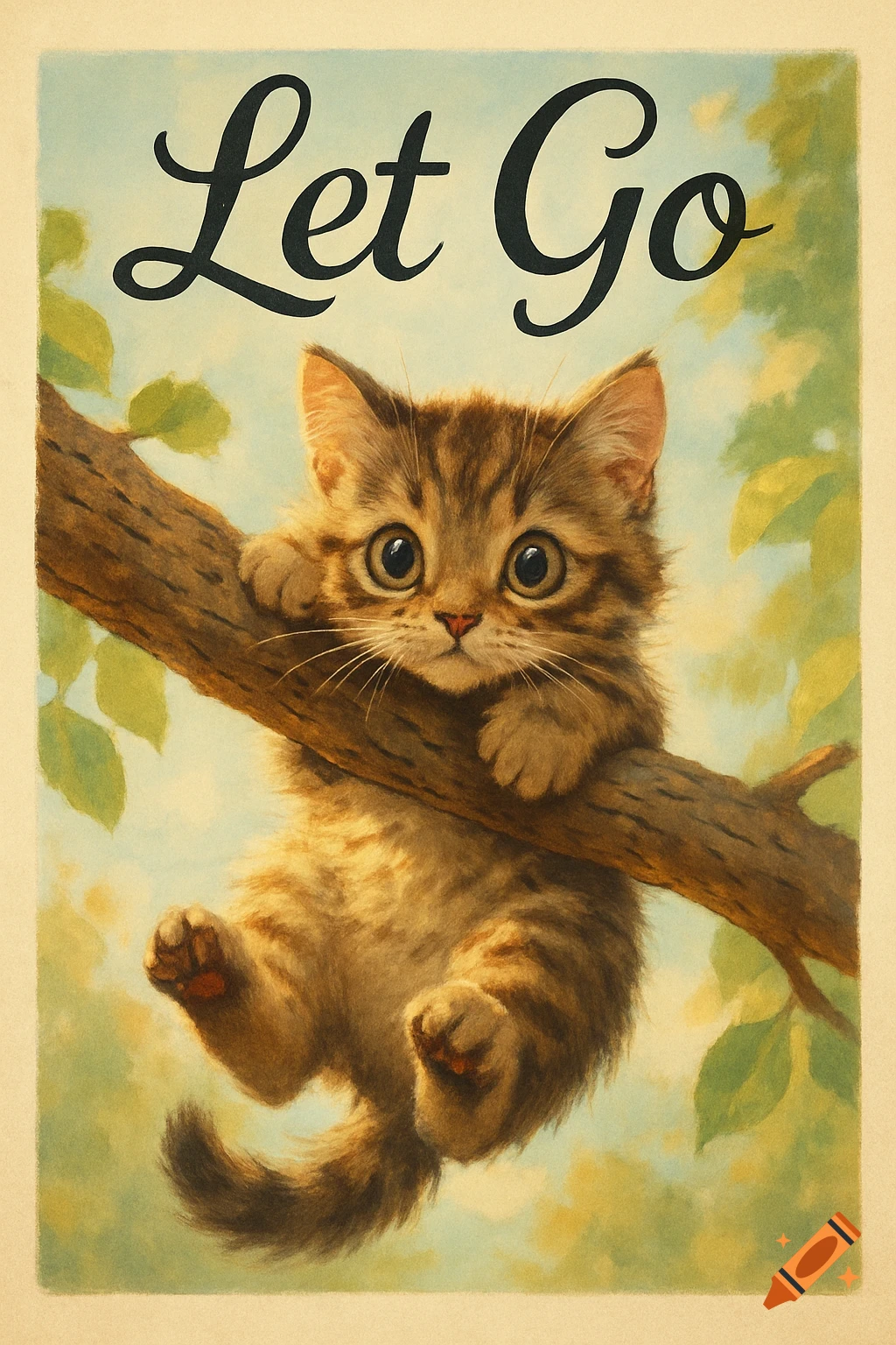 A cute tabby kitten with big eyes hangs from a tree branch, with the words 'Let Go' at the top, in a vintage illustration style.