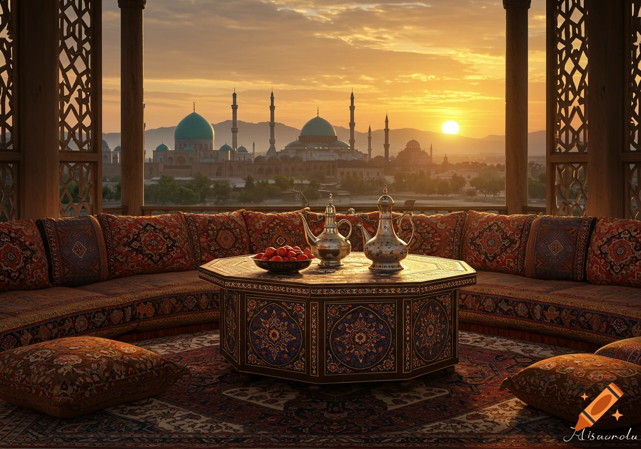Ornate Middle Eastern interior with patterned cushions and a low hexagonal table set with two silver teapots, overlooking a cityscape with mosques at sunset.