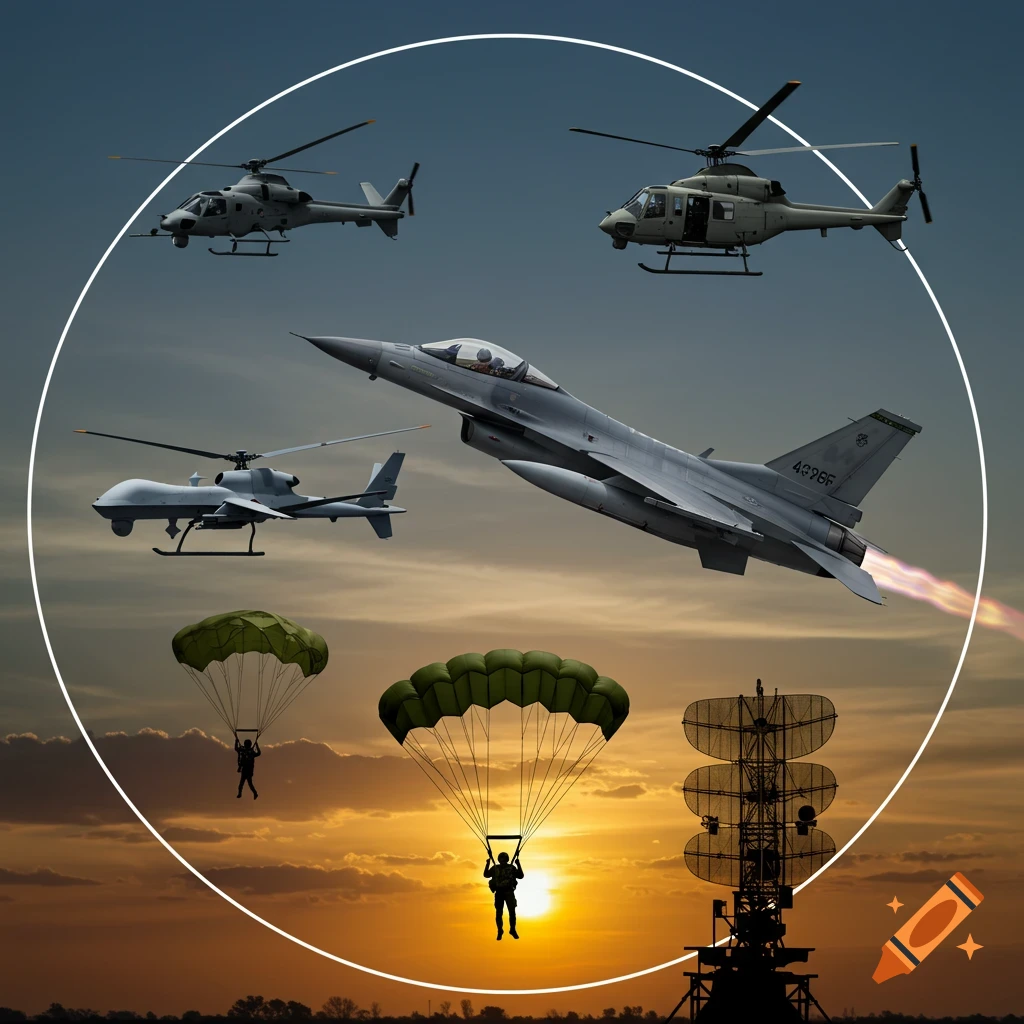 A circular, photorealistic image featuring an F-16 jet, HH-60 helicopters, an MQ-9 drone, military parachutists, and a TPS-78 radar against a sunset sky.