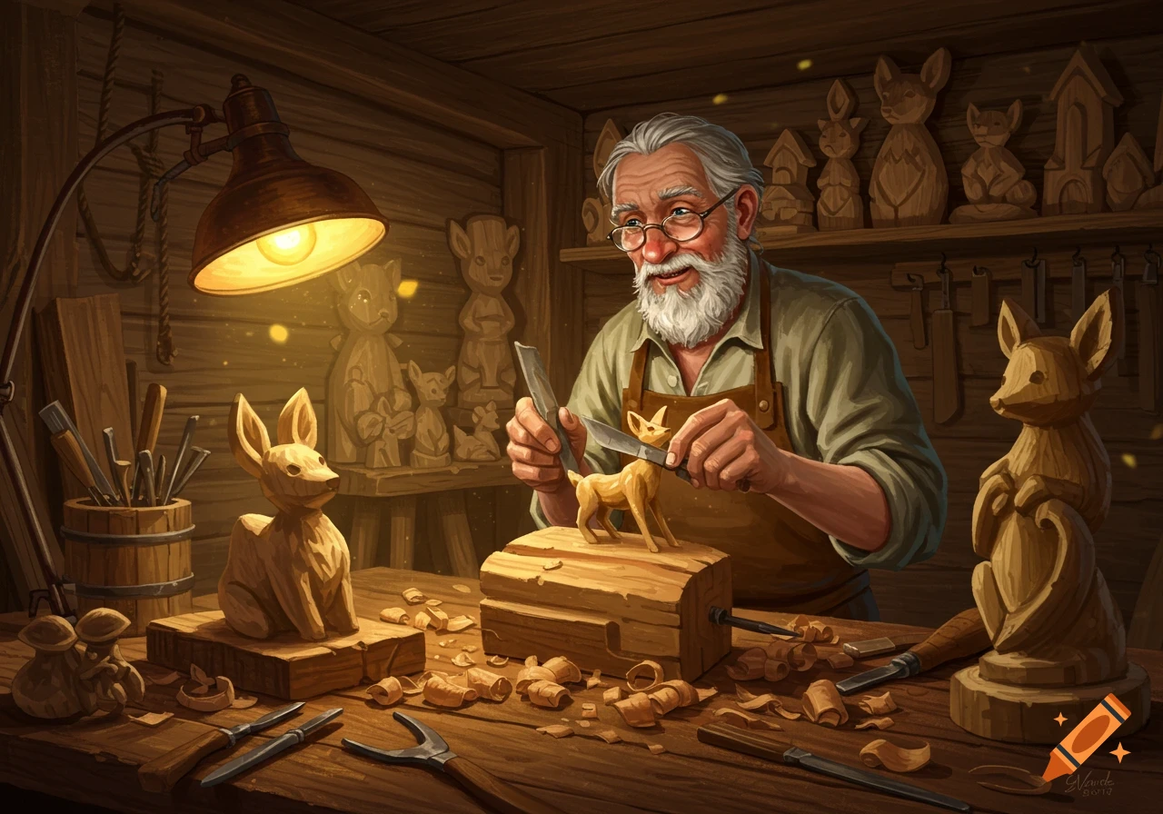 An old man with a white beard and glasses woodcarves a small animal figure in a dimly lit, rustic workshop filled with tools and other carvings.