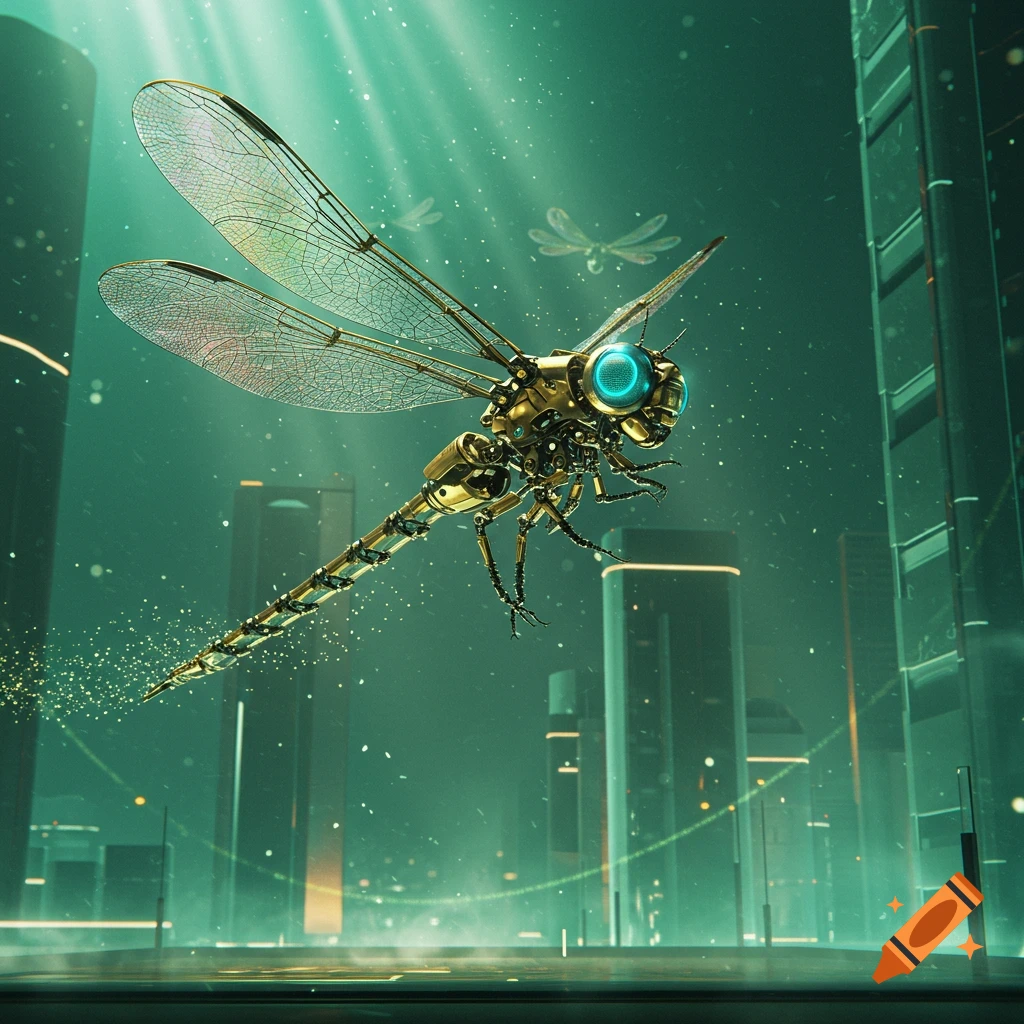 A golden robotic dragonfly with glowing blue eyes flies through a misty, futuristic city with glowing skyscrapers and light beams.