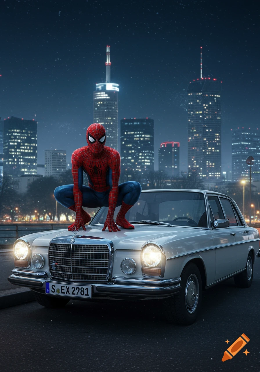 Spider-Man crouches on the hood of a white vintage Mercedes W115, facing forward. The car has a German license plate starting with 'S'. In the nighttime background, a blurred city skyline with illuminated skyscrapers is visible, with snow-like particles in the air.