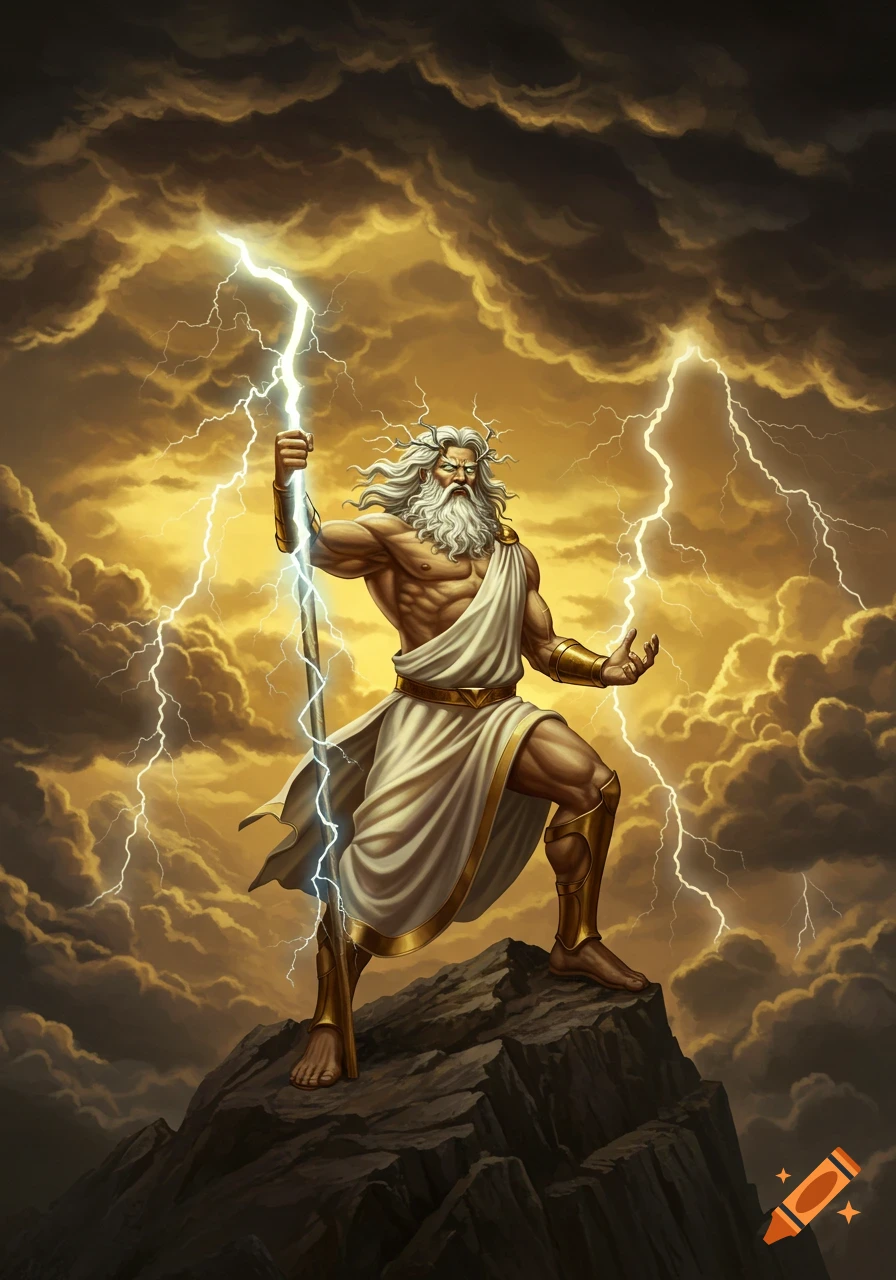 Powerful Zeus with a white beard stands on a rocky peak, holding a lightning bolt amidst dramatic stormy golden clouds.