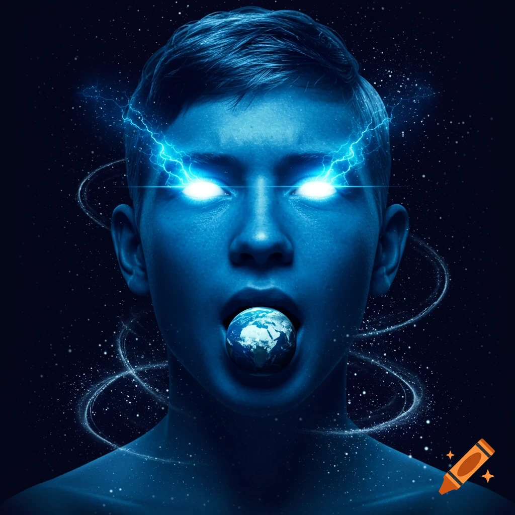 A blue-toned person with glowing blue eyes, lightning bolts, and a globe of Earth in their mouth, set against a starry space background.