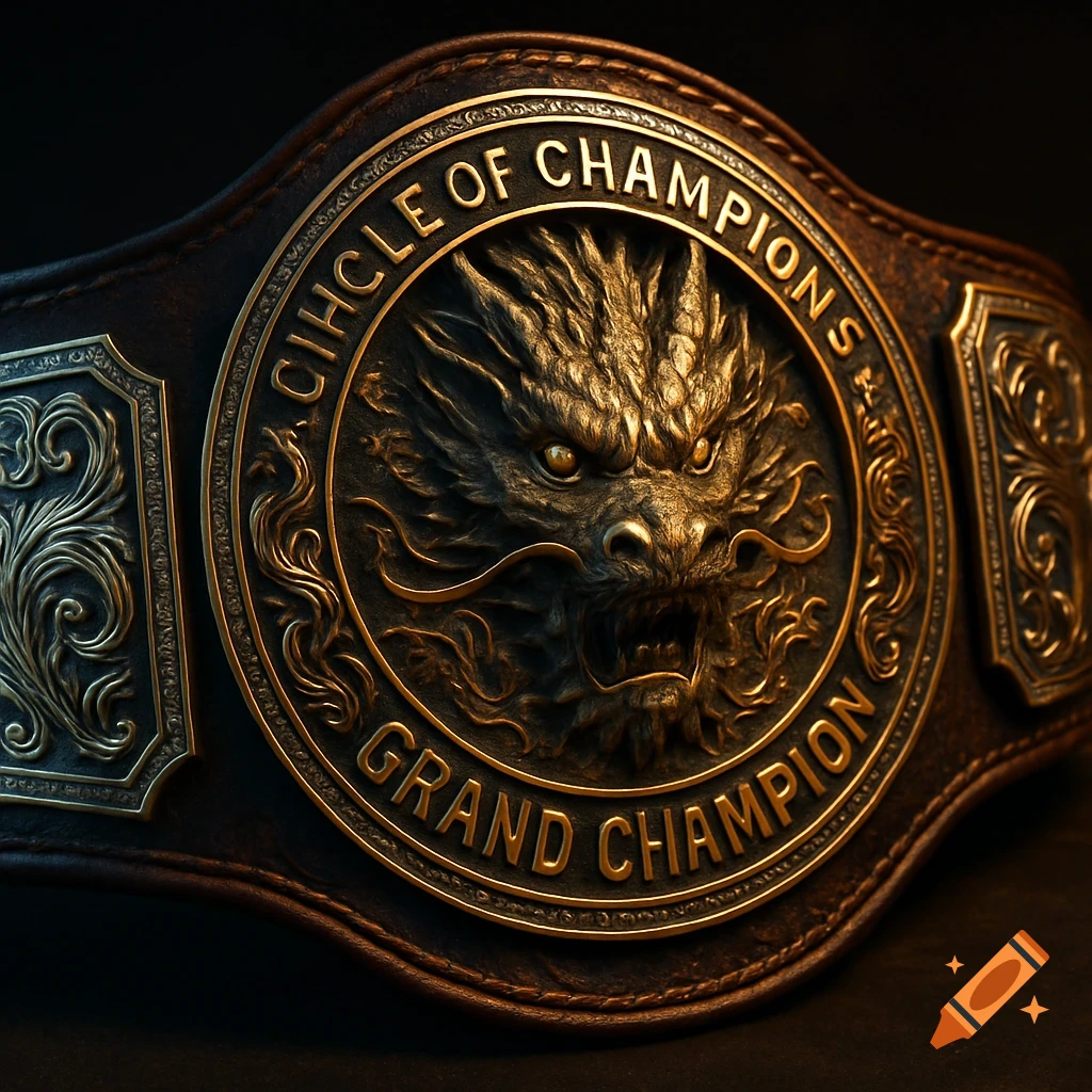 A close-up of a detailed gold and leather championship belt featuring a fierce dragon's face at its center, with the words "CIRCLE OF CHAMPIONS GRAND CHAMPION" embossed around it.
