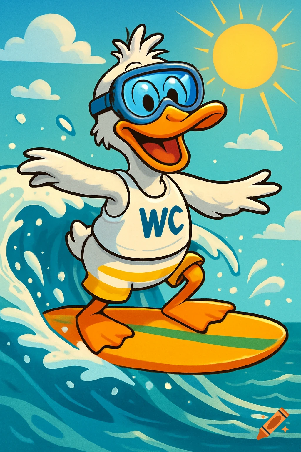A cartoon anthropomorphic white duck wearing blue goggles and a 'WC' tank top surfs on a yellow and green surfboard on a sunny day.