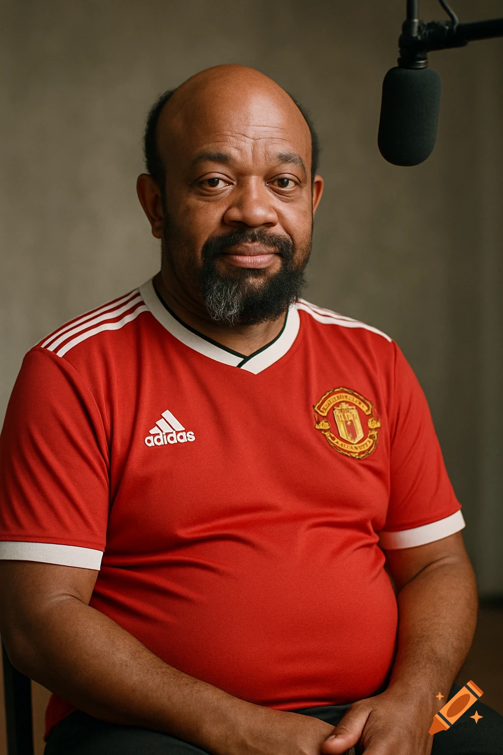 A middle-aged African man with a bald head and beard sits for an interview, wearing a red Manchester United jersey.