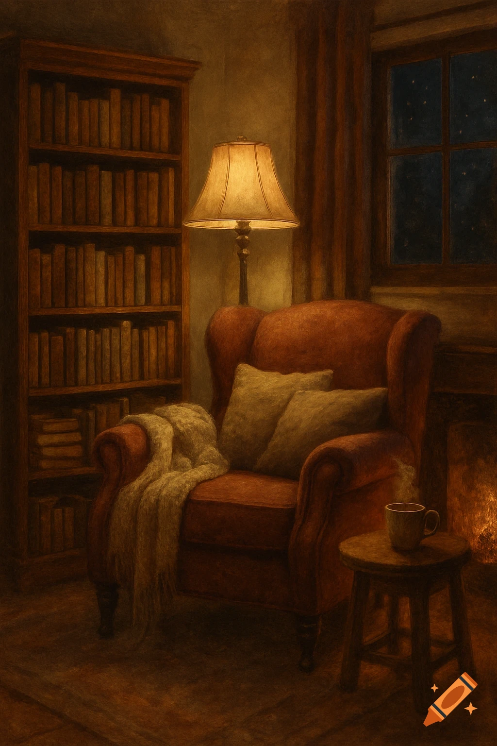 A warm, cozy reading nook with a lit lamp, a bookshelf, an armchair with pillows and a blanket, and a fireplace at night.