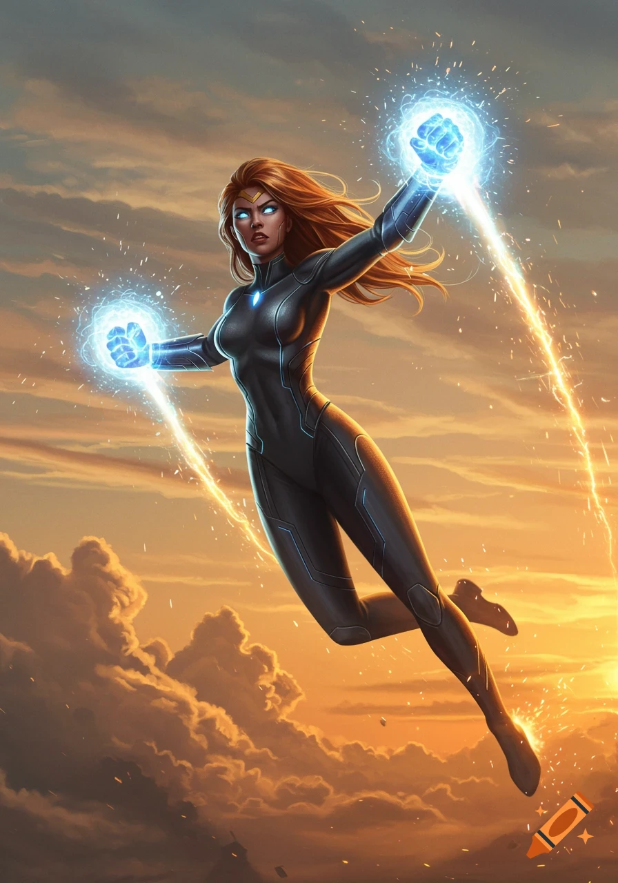 A superheroine with glowing blue plasma fists flies through an orange sky with clouds in comic art style.