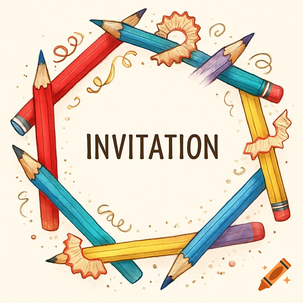 Colorful pencils, shavings, and ribbons frame the word INVITATION in a charming illustration style.