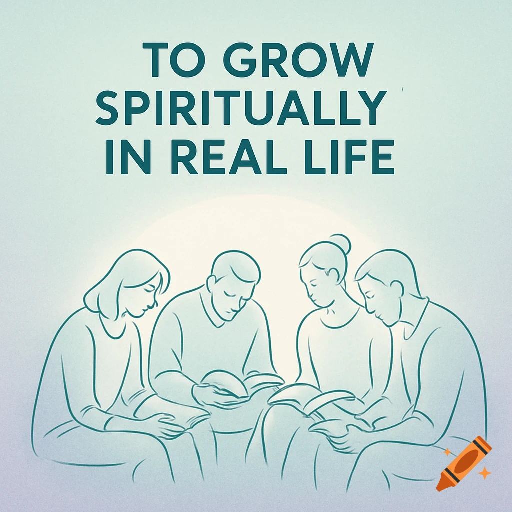 Minimalist line art of four people reading books together, with 'TO GROW SPIRITUALLY IN REAL LIFE' text.
