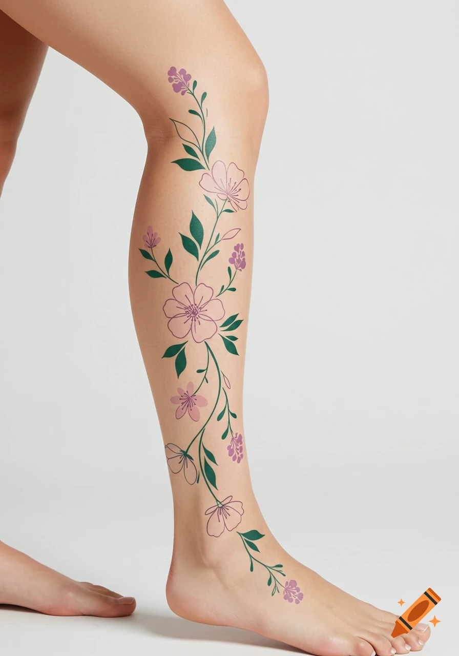 A close-up of a human leg featuring a vibrant floral vine design with pink flowers and green leaves, like a stencil or tattoo.