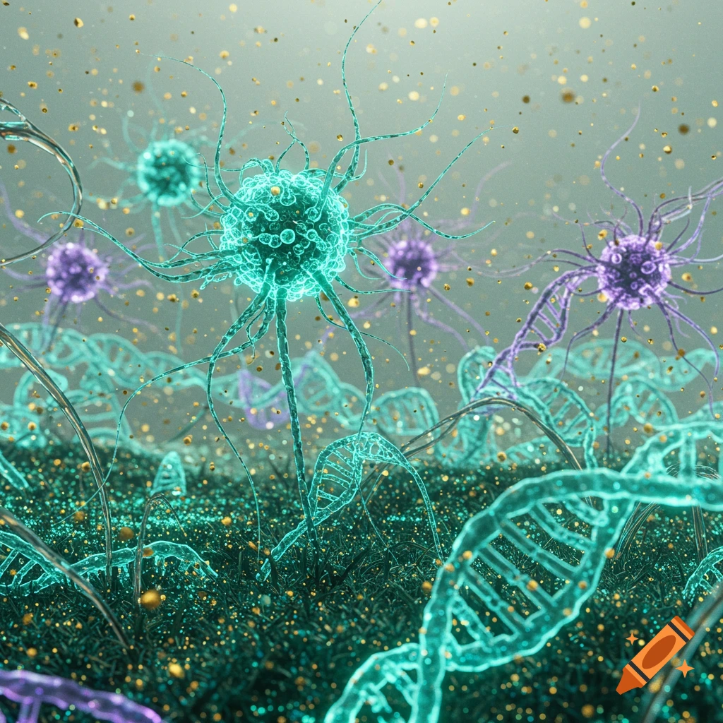 Bioluminescent teal neurons and purple DNA strands form a glowing microscopic garden, digital art.