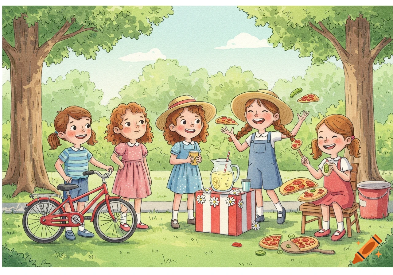 Five happy cartoon girls in watercolor style enjoy a picnic in a park with lemonade and pizza, one next to a red bicycle.