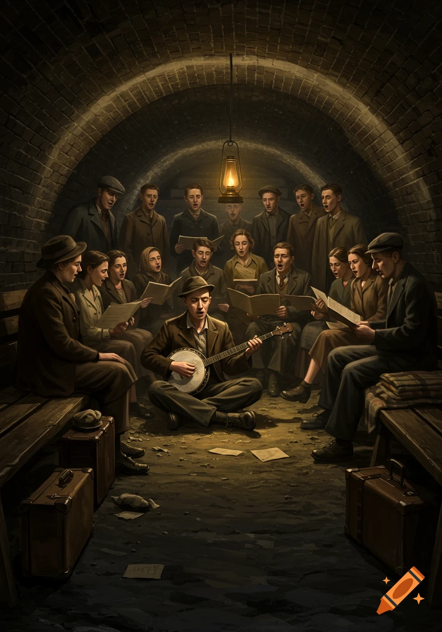 A group of people, dressed in 1940s attire, sing together in a dimly lit underground tunnel while a man plays a banjo.