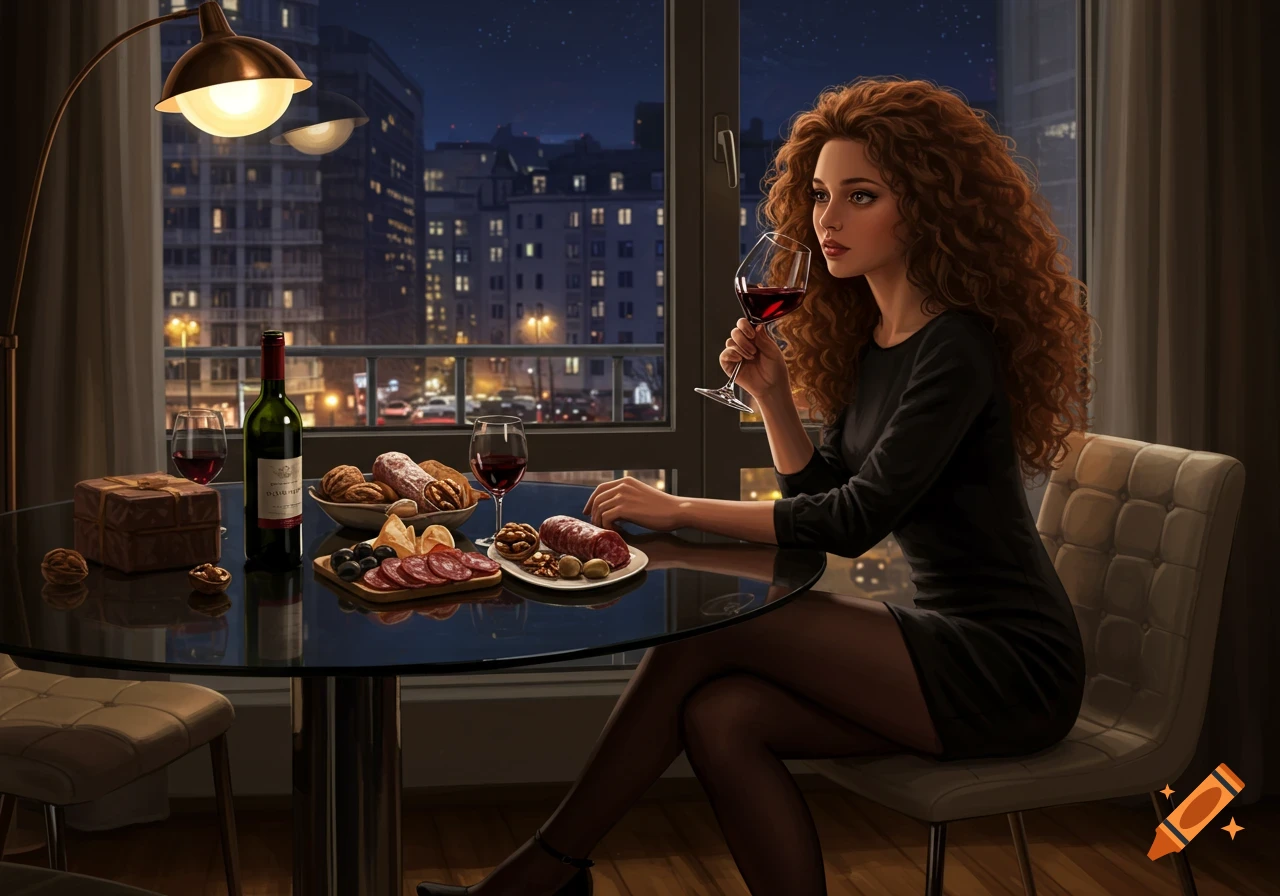 A young woman with long curly red hair sits at a glass table, holding a glass of red wine, looking out at a city night view. Appetizers and a bottle of wine are on the table.