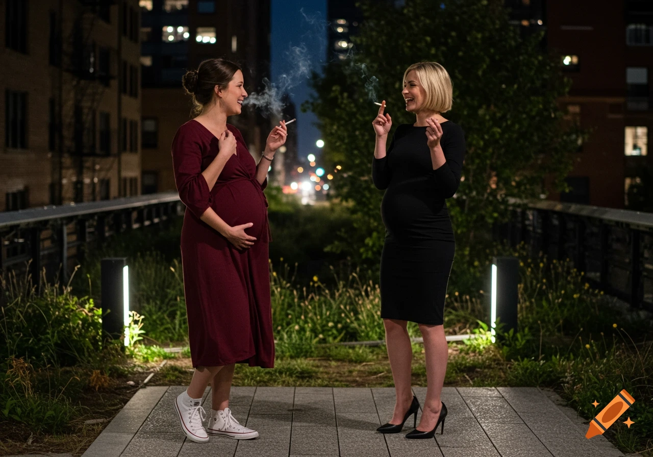 Two pregnant women laugh and smoke cigarettes on New York's Highline park at night, one in burgundy, one in black.