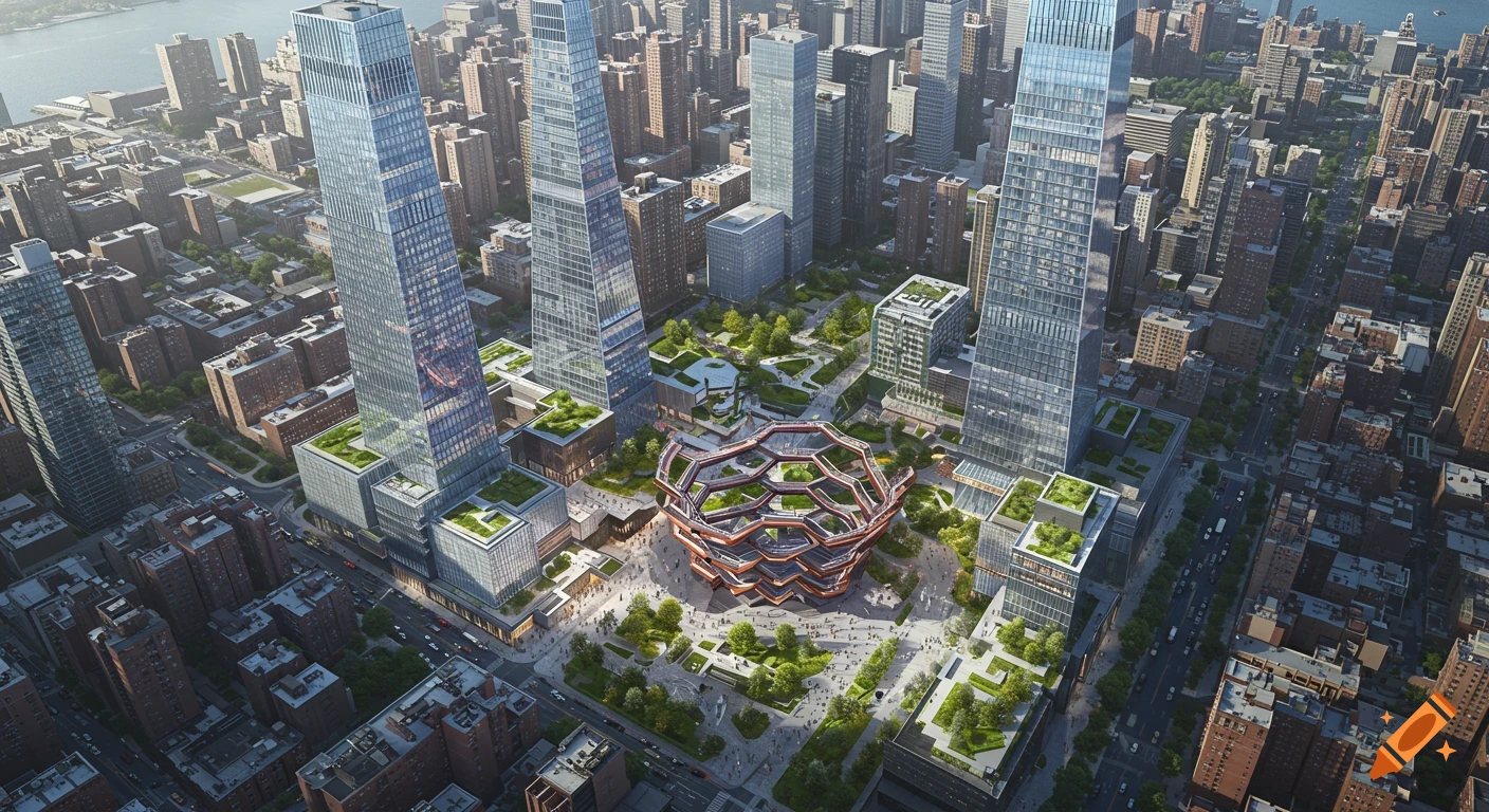 Aerial view of Hudson Yards, NYC, showing modern skyscrapers, green roofs, public plazas, and The Vessel art structure in the center.