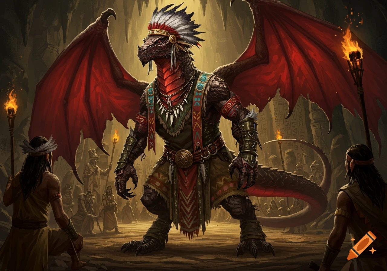 A powerful dragon dressed as a chief with red wings and tribal attire stands in a torchlit cave, surrounded by tribal people.