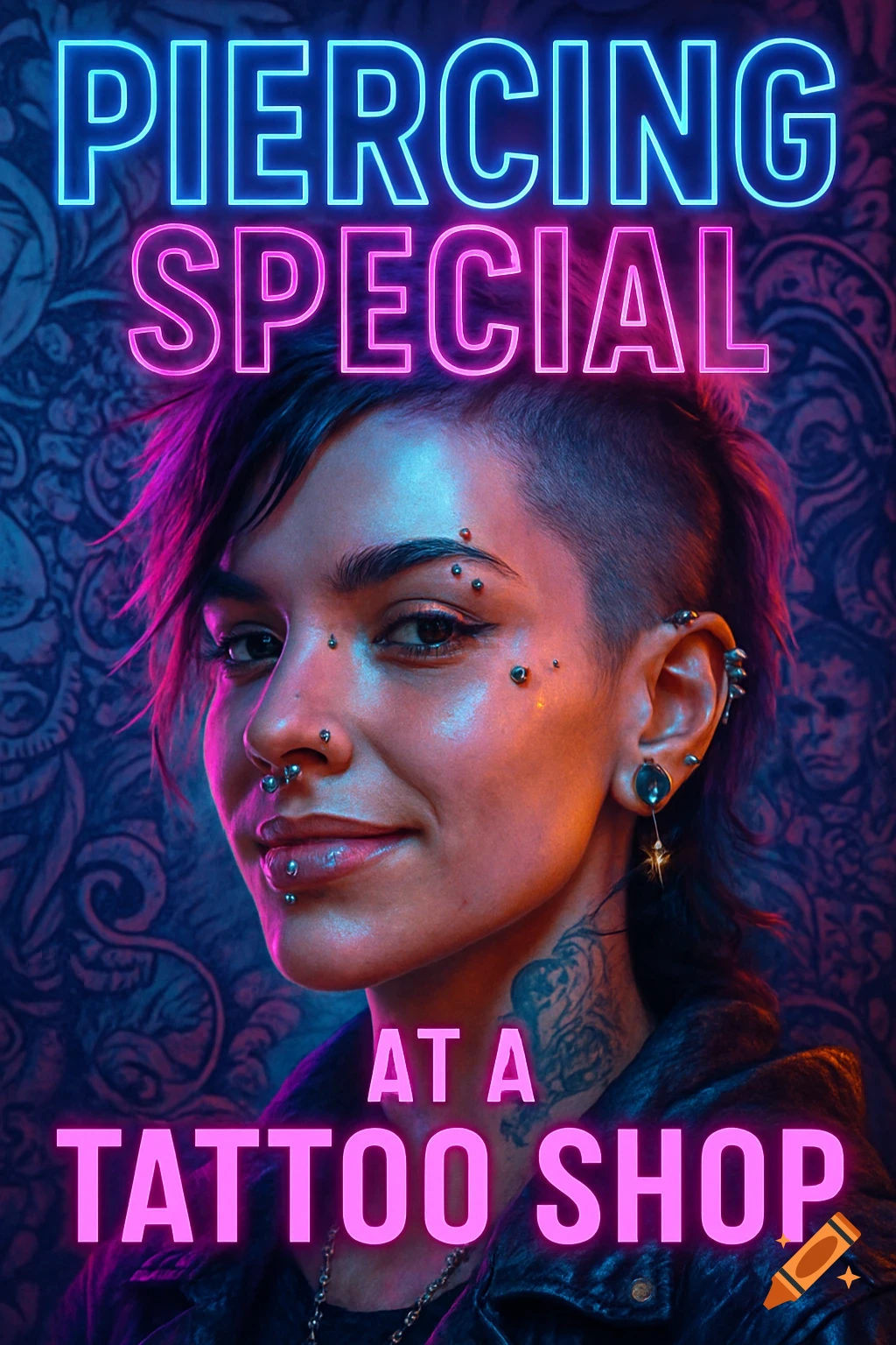 Portrait of a person with many piercings and pink hair, smiling. Neon text reads 'Piercing Special at a Tattoo Shop' on a dark, ornate background.