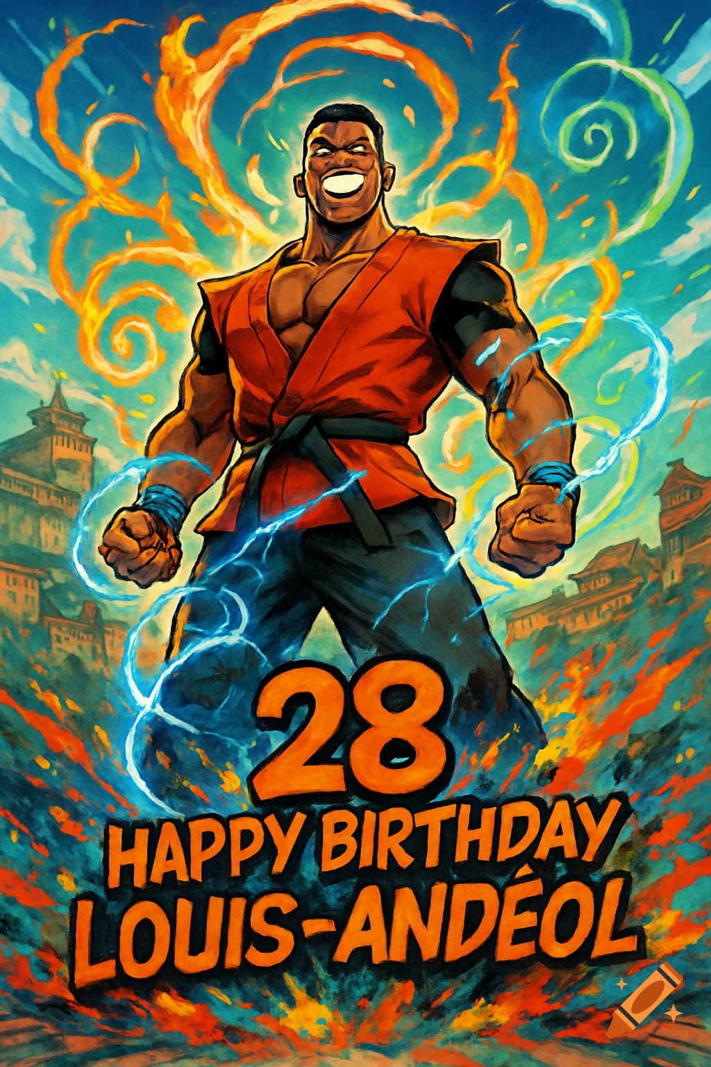 An epic anime-style birthday card for Louis-Andéol, 28, featuring a muscular martial artist with energy powers.