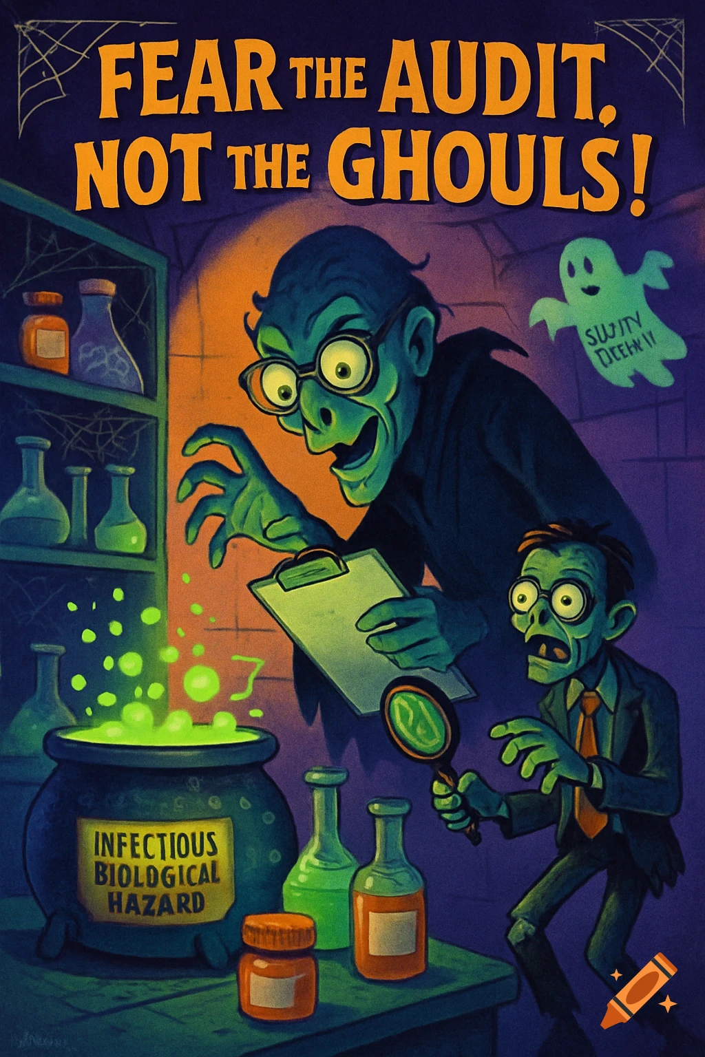 A cartoon Halloween poster shows green-skinned zombie-like figures in a lab with bubbling potions. Text reads "FEAR THE AUDIT, NOT THE GHOULS!"