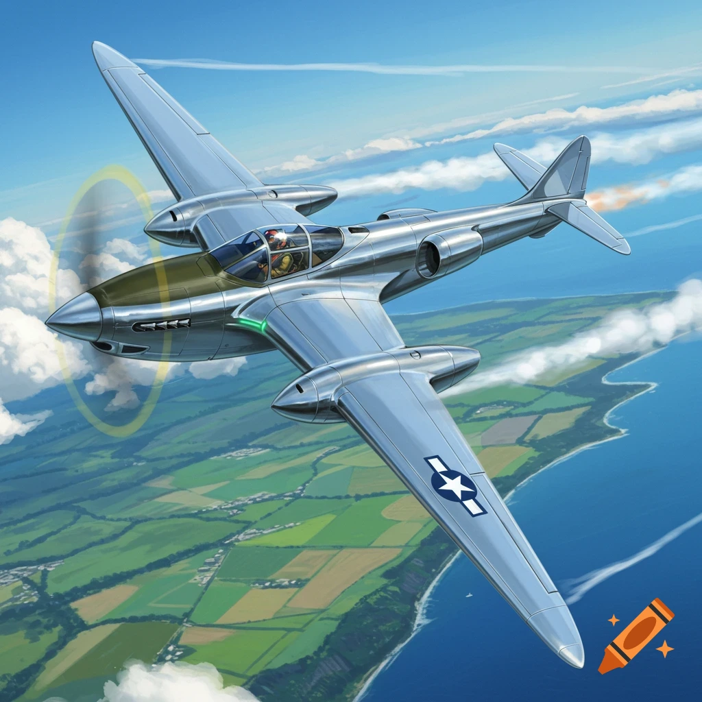 A sleek, silver P-38 Lightning-style aircraft with propellers flying over a green landscape and blue ocean in a detailed illustration.