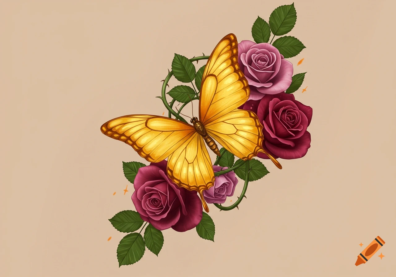 A vibrant yellow butterfly with spread wings nestled among dark red and pink roses, green leaves, and thorny vines on a beige background.