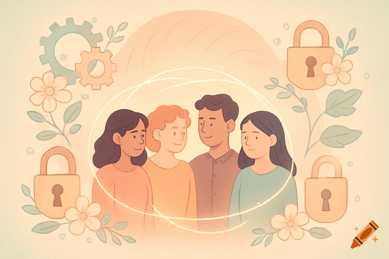 A soft illustration of four people, two women and two men, encircled by a glowing aura, with gears, flowers, and padlocks symbolizing security and community.