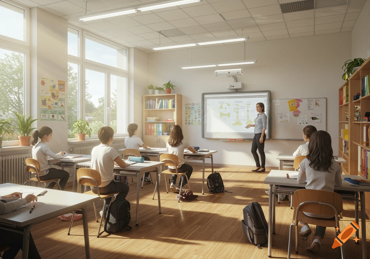 Photorealistic image of a teacher explaining something on an interactive whiteboard to students in a brightly lit classroom.
