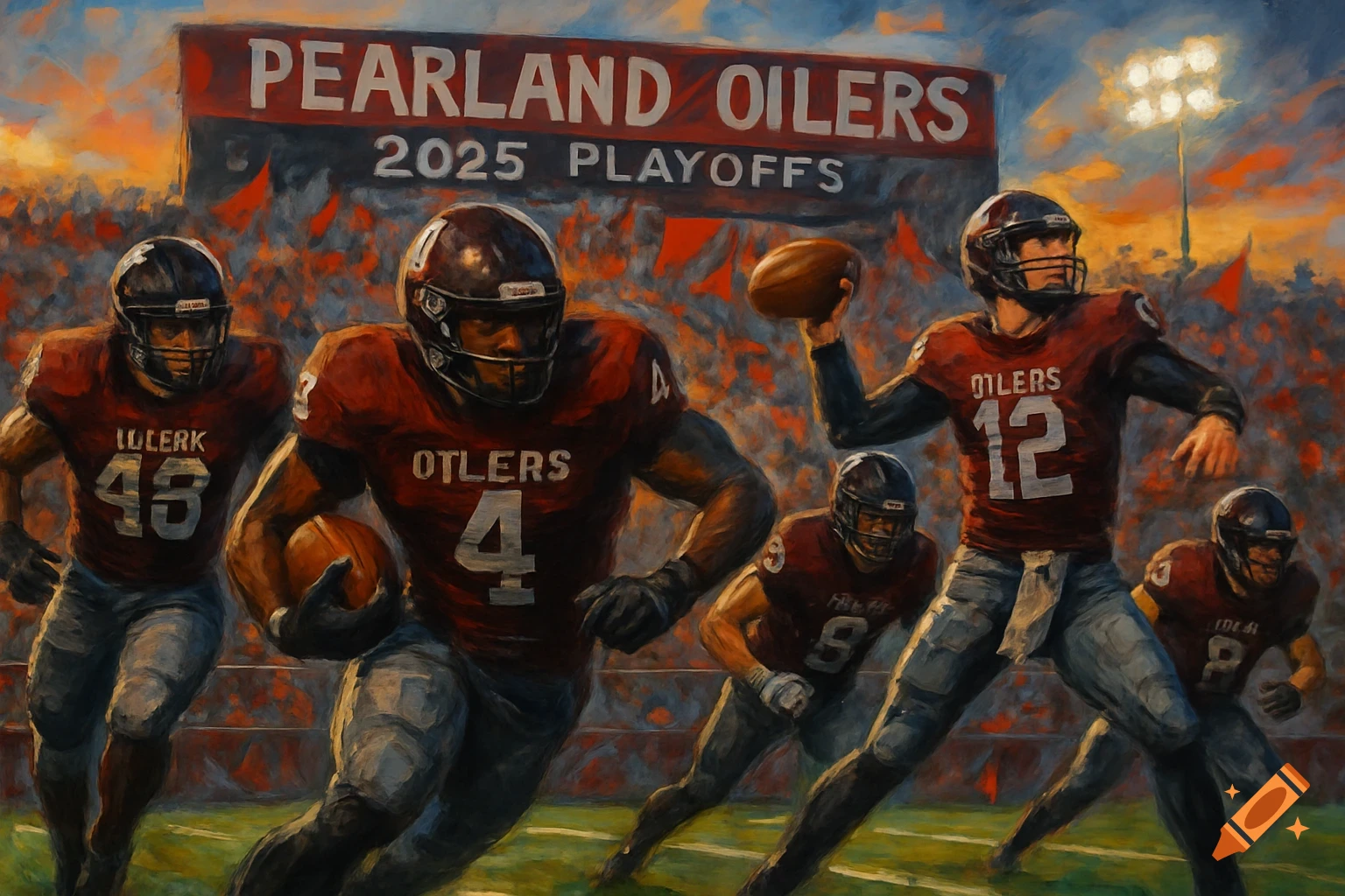 An impressionistic painting of American football players in maroon jerseys on a field, with a banner that reads "PEARLAND OILERS 2025 PLAYOFFS" in the background.