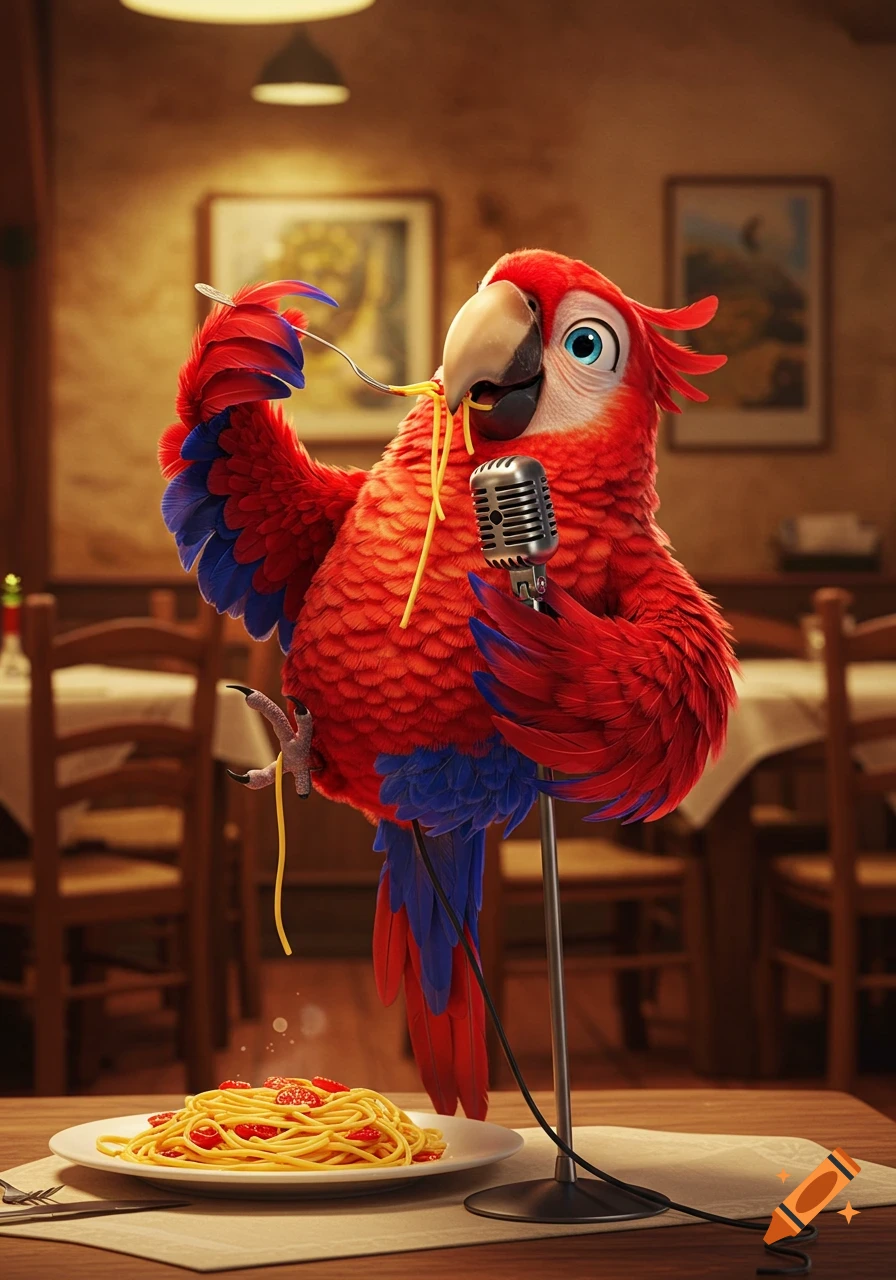 A whimsical, photorealistic parrot in a cozy Italian cafe, holding spaghetti in one claw and a vintage microphone in the other, mid-slurp.
