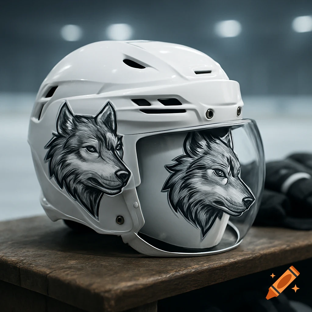 A white hockey helmet with detailed wolf head logos on the sides, sitting on a wooden bench.